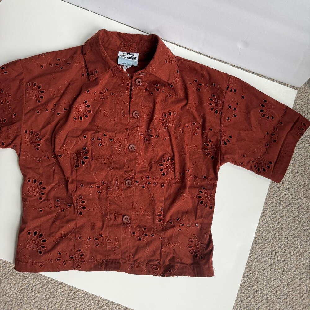 Target- Future Collective Reese Blustein- Brown Floral Eyelet Button Top